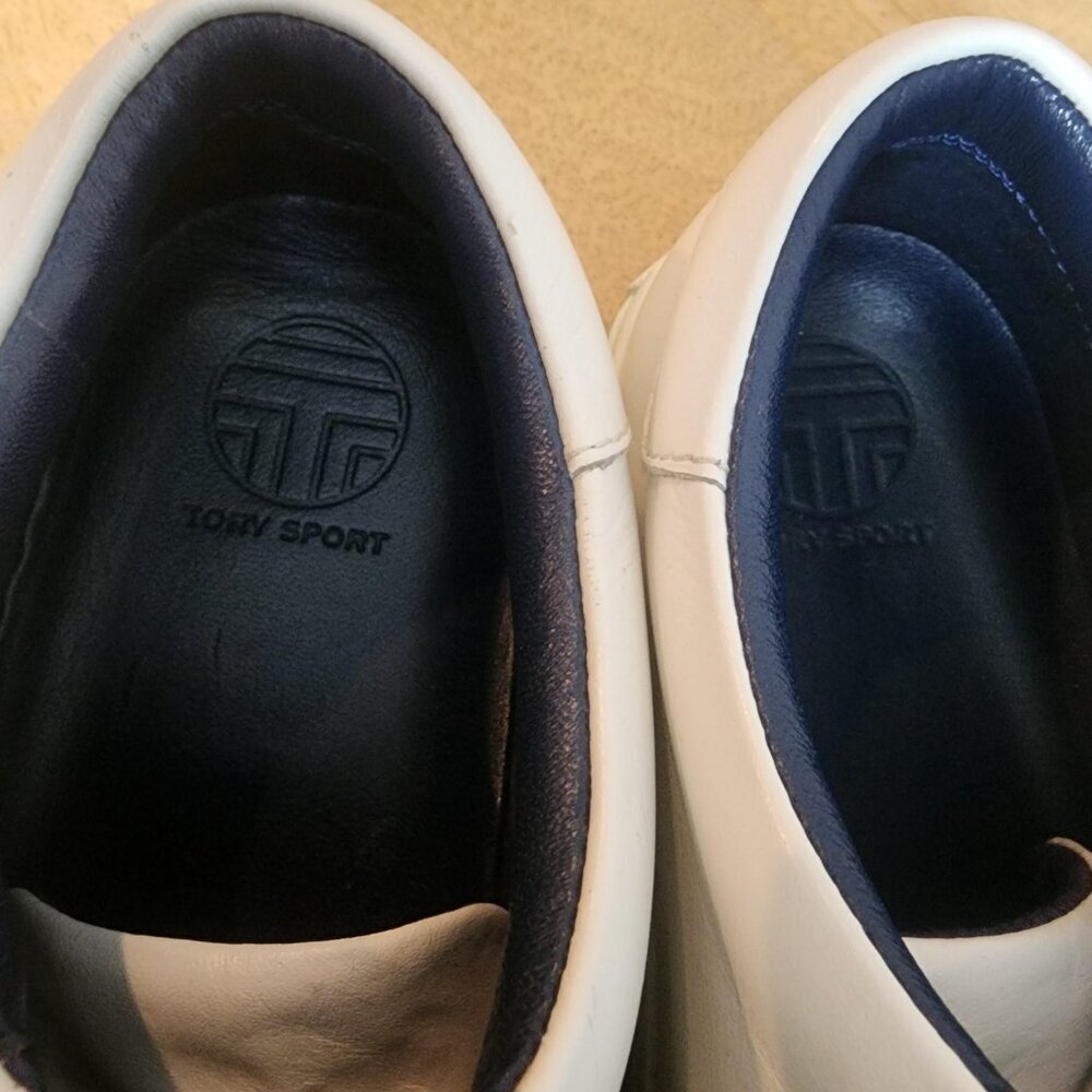 Tory Sport Shoes Womens Size 7.5 White Navy Leather Lace Up Low Top Sneakers - Picture 9 of 10
